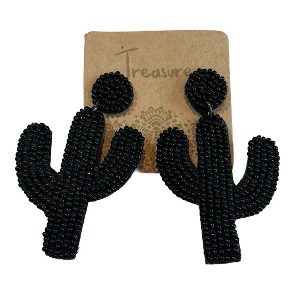 Chunky Black Beaded Desert‎ Cactus Earrings - Picture 1 of 4